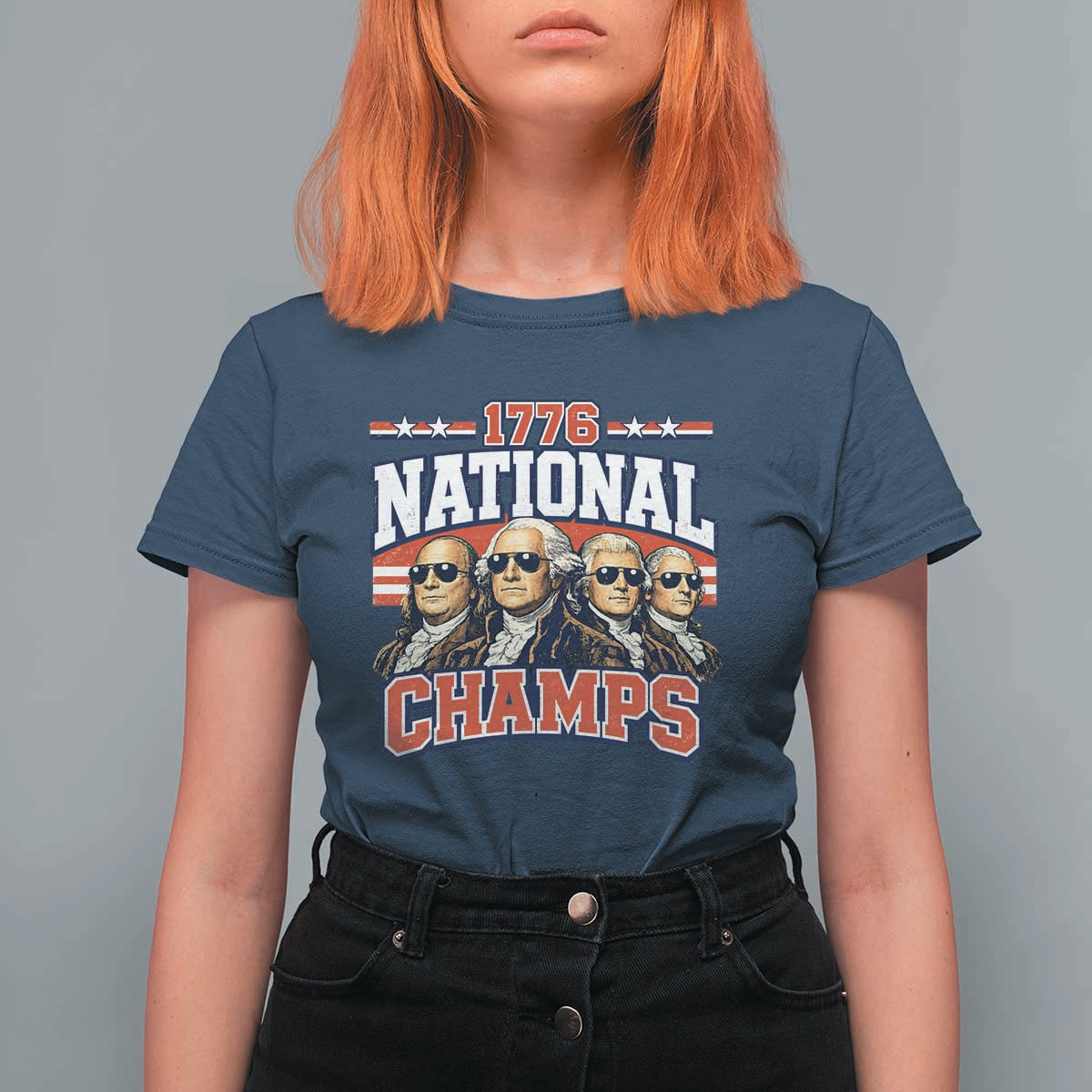 1776 National Champs Founding Fathers Graphic T Shirt For Women Funny George Washington and Presidents Sunglasses Sports Style Patriotic