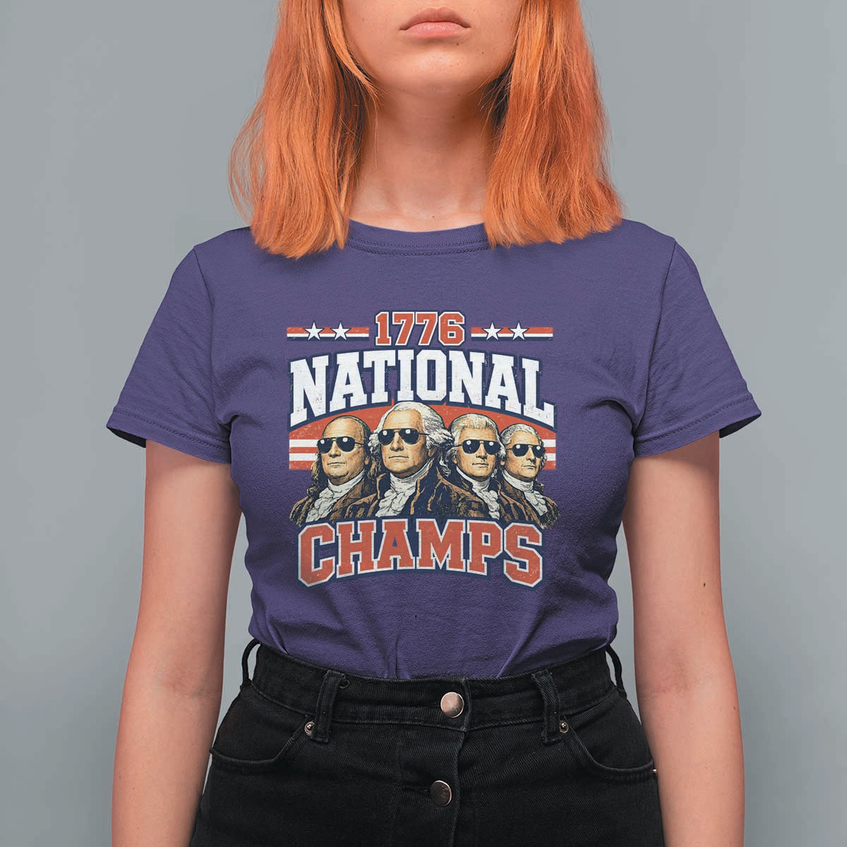 1776 National Champs Founding Fathers Graphic T Shirt For Women Funny George Washington and Presidents Sunglasses Sports Style Patriotic