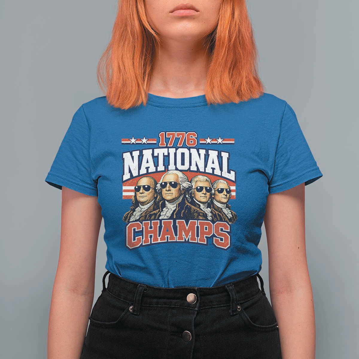 1776 National Champs Founding Fathers Graphic T Shirt For Women Funny George Washington and Presidents Sunglasses Sports Style Patriotic