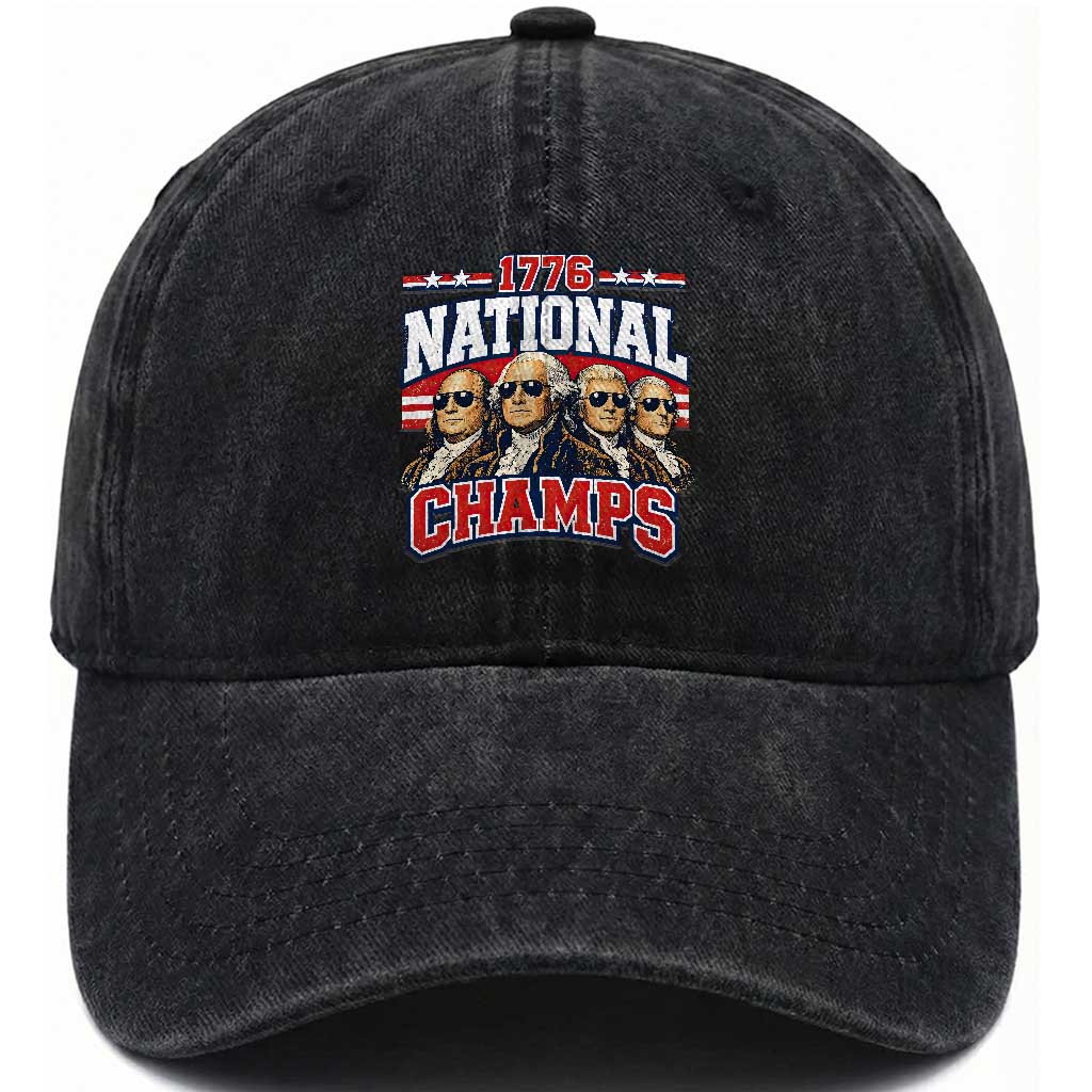 1776 National Champs Founding Fathers Graphic Washed Cotton Baseball Cap Funny George Washington and Presidents Sunglasses Sports Style Patriotic