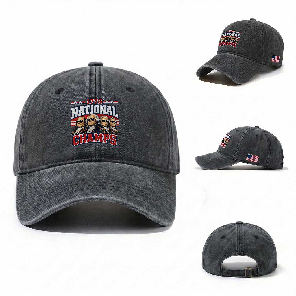 1776 National Champs Founding Fathers Graphic Washed Cotton Baseball Cap Funny George Washington and Presidents Sunglasses Sports Style Patriotic