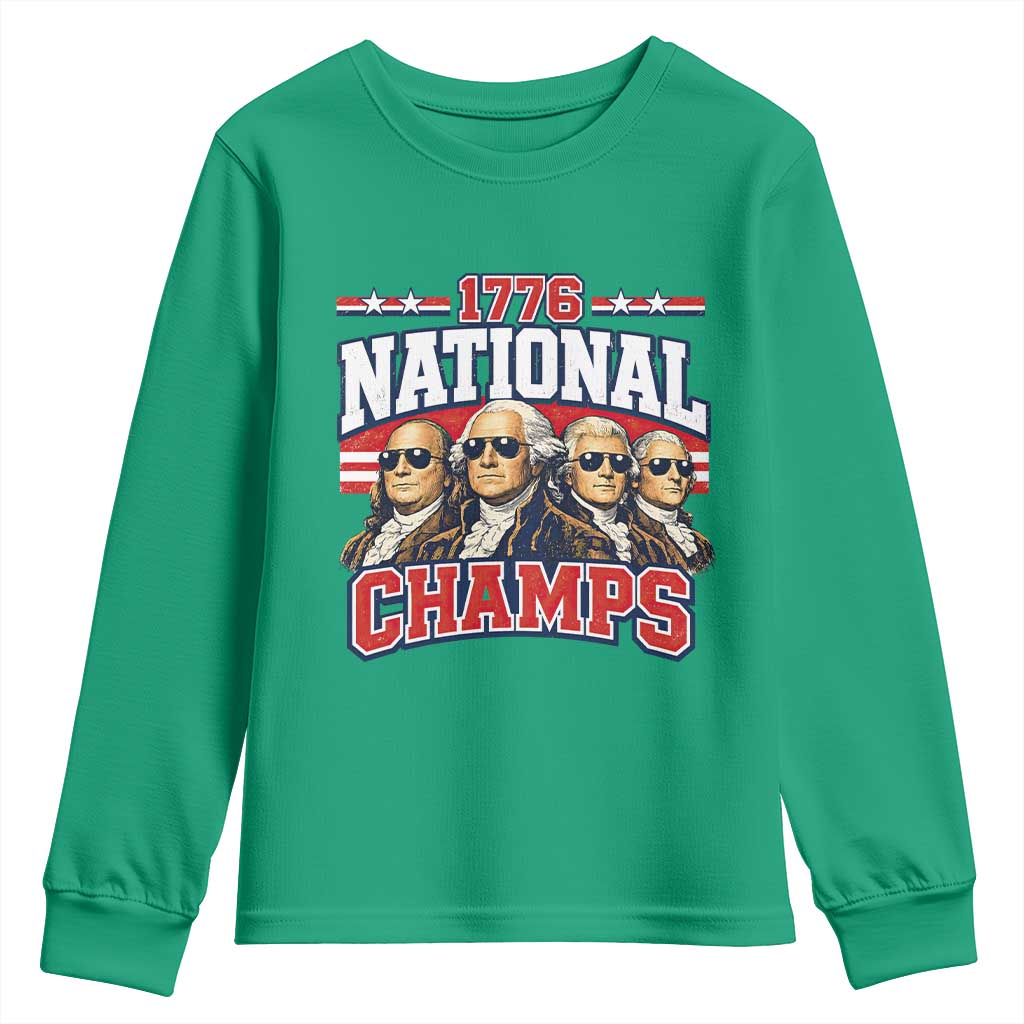1776 National Champs Founding Fathers Graphic Youth Sweatshirt Funny George Washington and Presidents Sunglasses Sports Style Patriotic