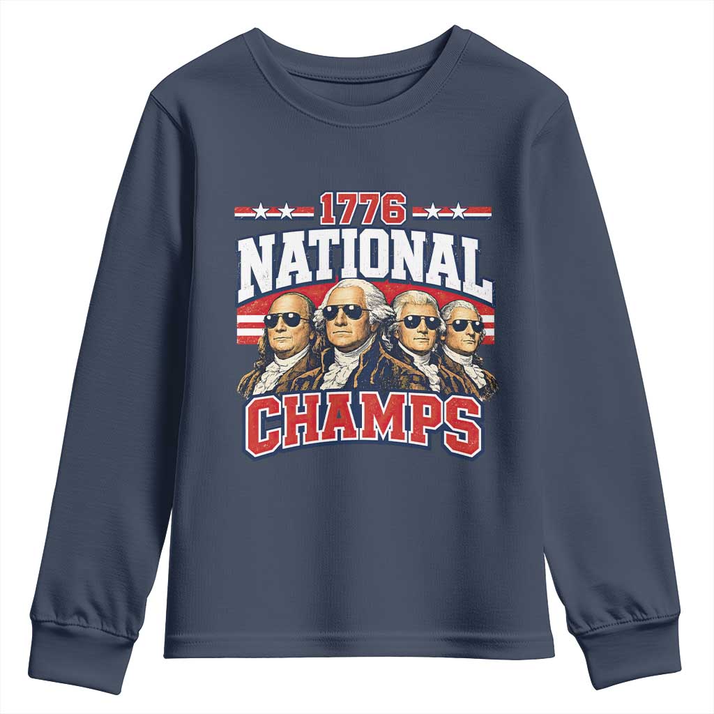 1776 National Champs Founding Fathers Graphic Youth Sweatshirt Funny George Washington and Presidents Sunglasses Sports Style Patriotic