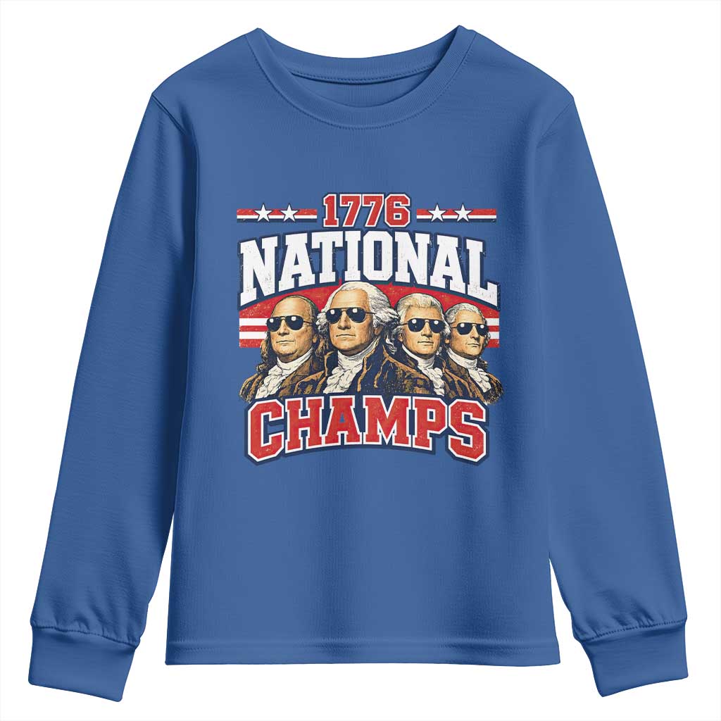 1776 National Champs Founding Fathers Graphic Youth Sweatshirt Funny George Washington and Presidents Sunglasses Sports Style Patriotic