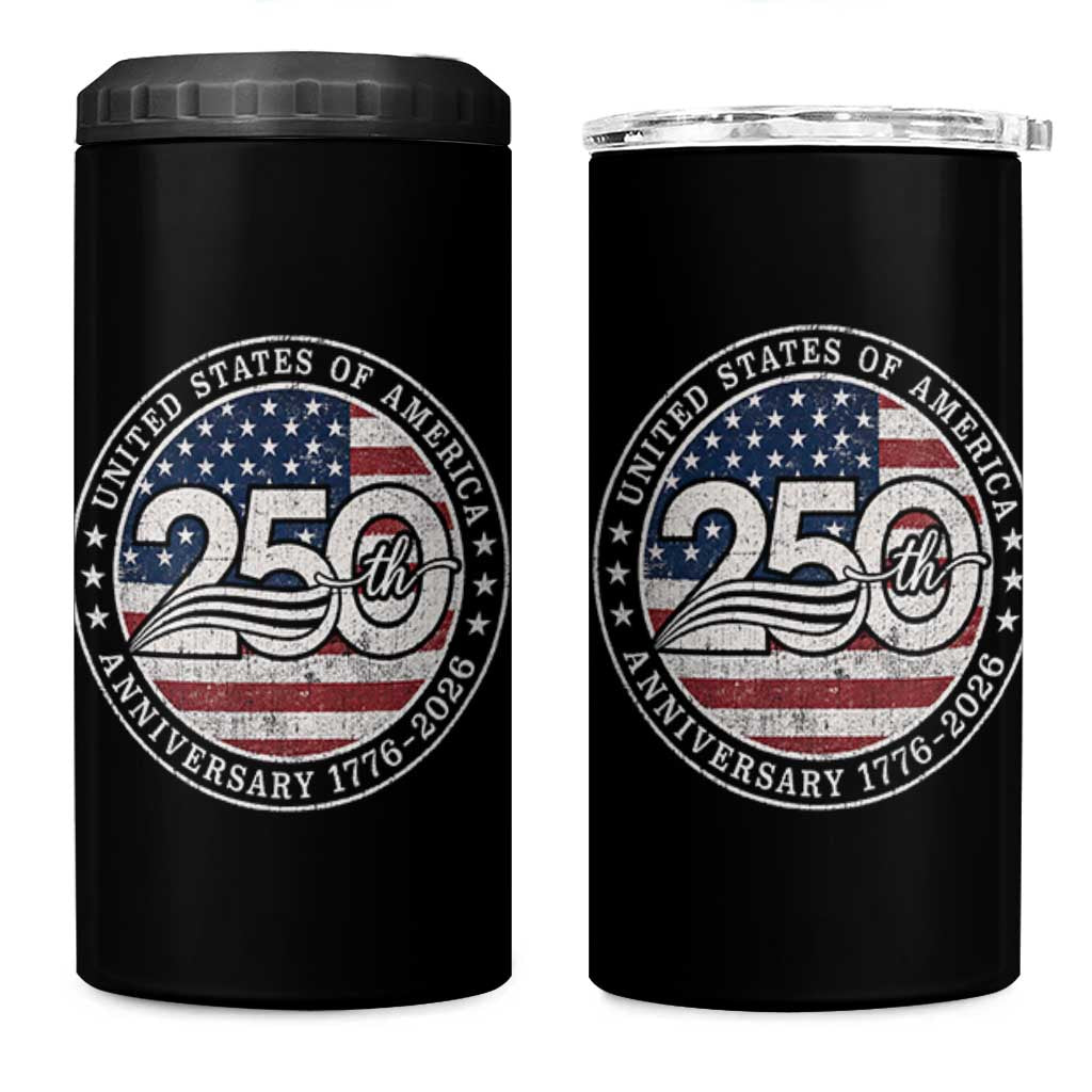 United States of America 250th Anniversary Vintage Seal 4 in 1 Can Cooler Tumbler Distressed American Flag 1776 to 2026 Semiquincentennial Patriotic
