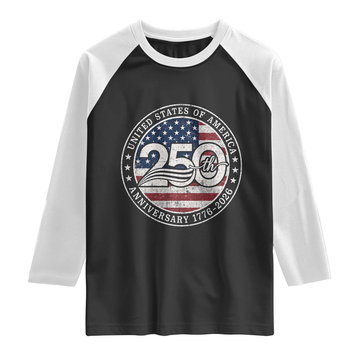 United States of America 250th Anniversary Vintage Seal Raglan Shirt Distressed American Flag 1776 to 2026 Semiquincentennial Patriotic
