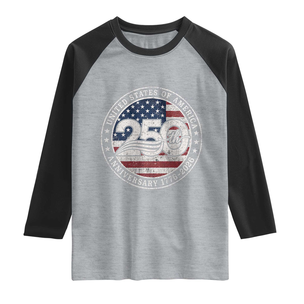 United States of America 250th Anniversary Vintage Seal Raglan Shirt Distressed American Flag 1776 to 2026 Semiquincentennial Patriotic