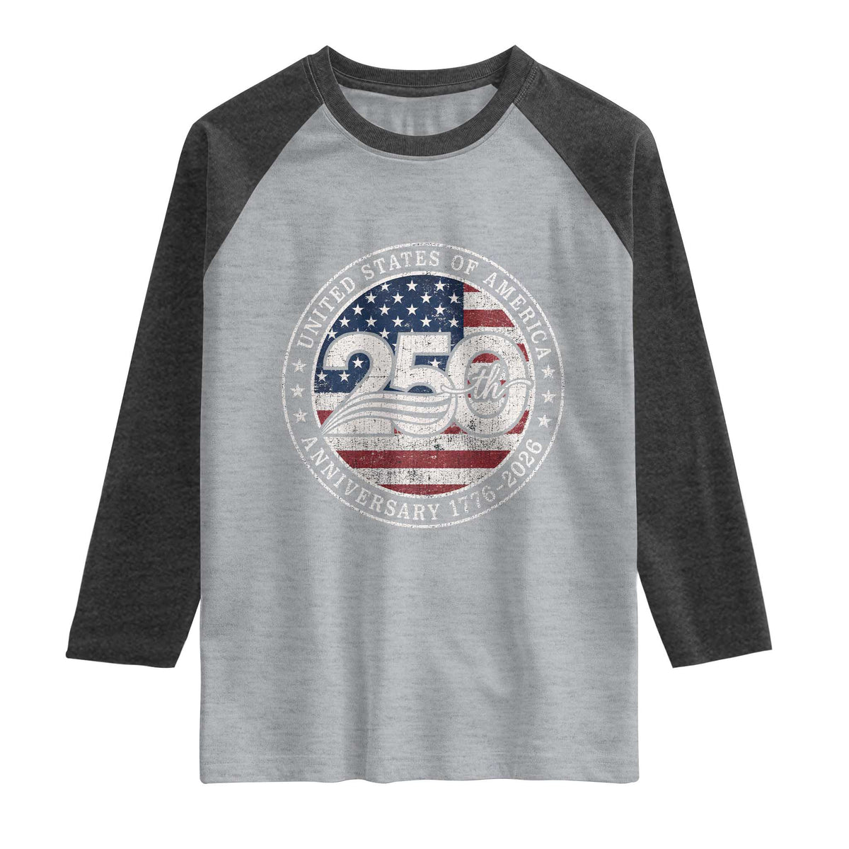 United States of America 250th Anniversary Vintage Seal Raglan Shirt Distressed American Flag 1776 to 2026 Semiquincentennial Patriotic