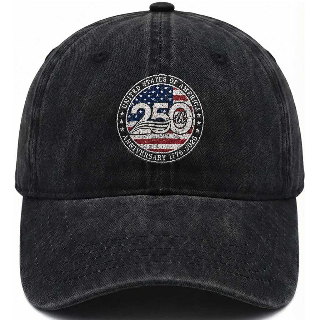 United States of America 250th Anniversary Vintage Seal Washed Cotton Baseball Cap Distressed American Flag 1776 to 2026 Semiquincentennial Patriotic