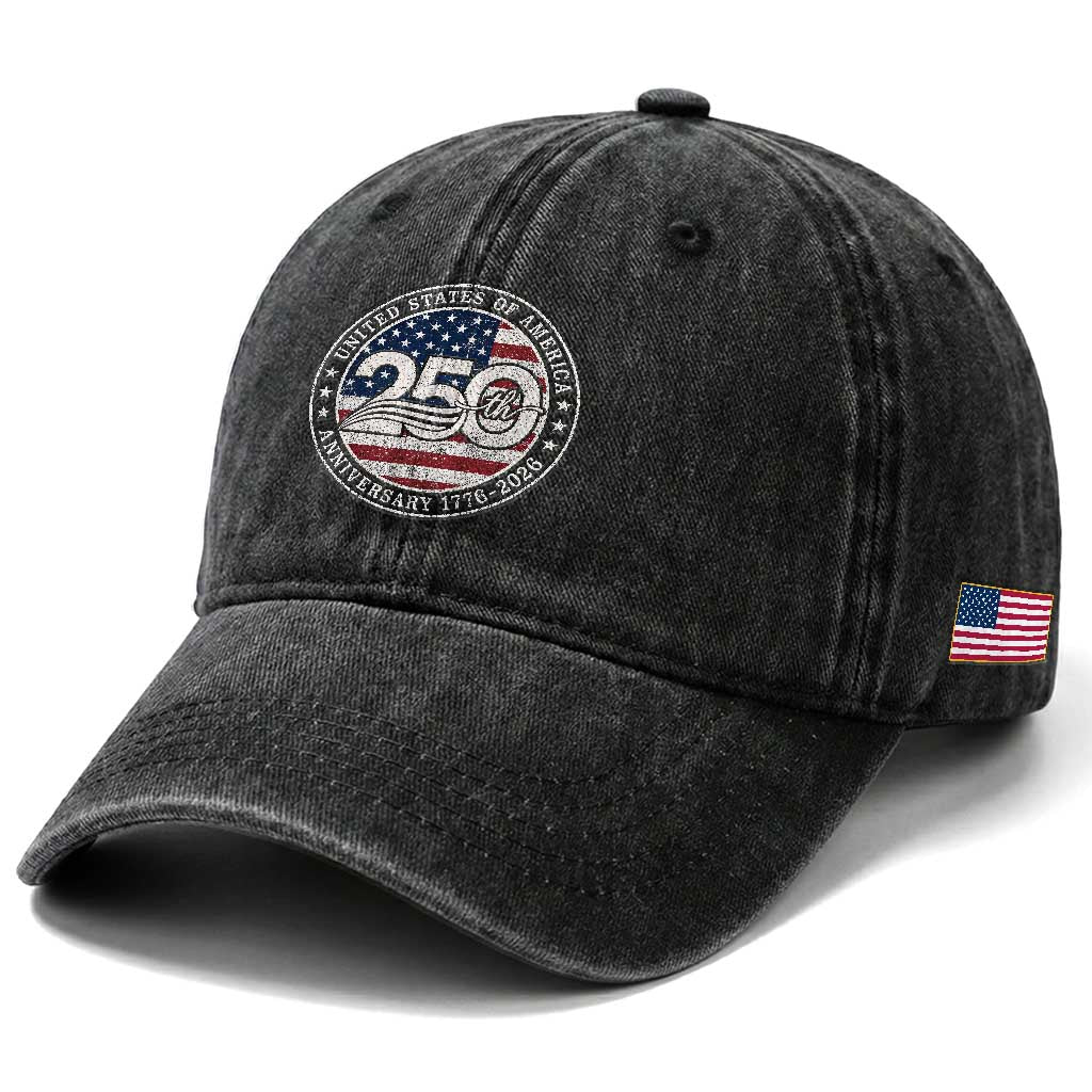 United States of America 250th Anniversary Vintage Seal Washed Cotton Baseball Cap Distressed American Flag 1776 to 2026 Semiquincentennial Patriotic