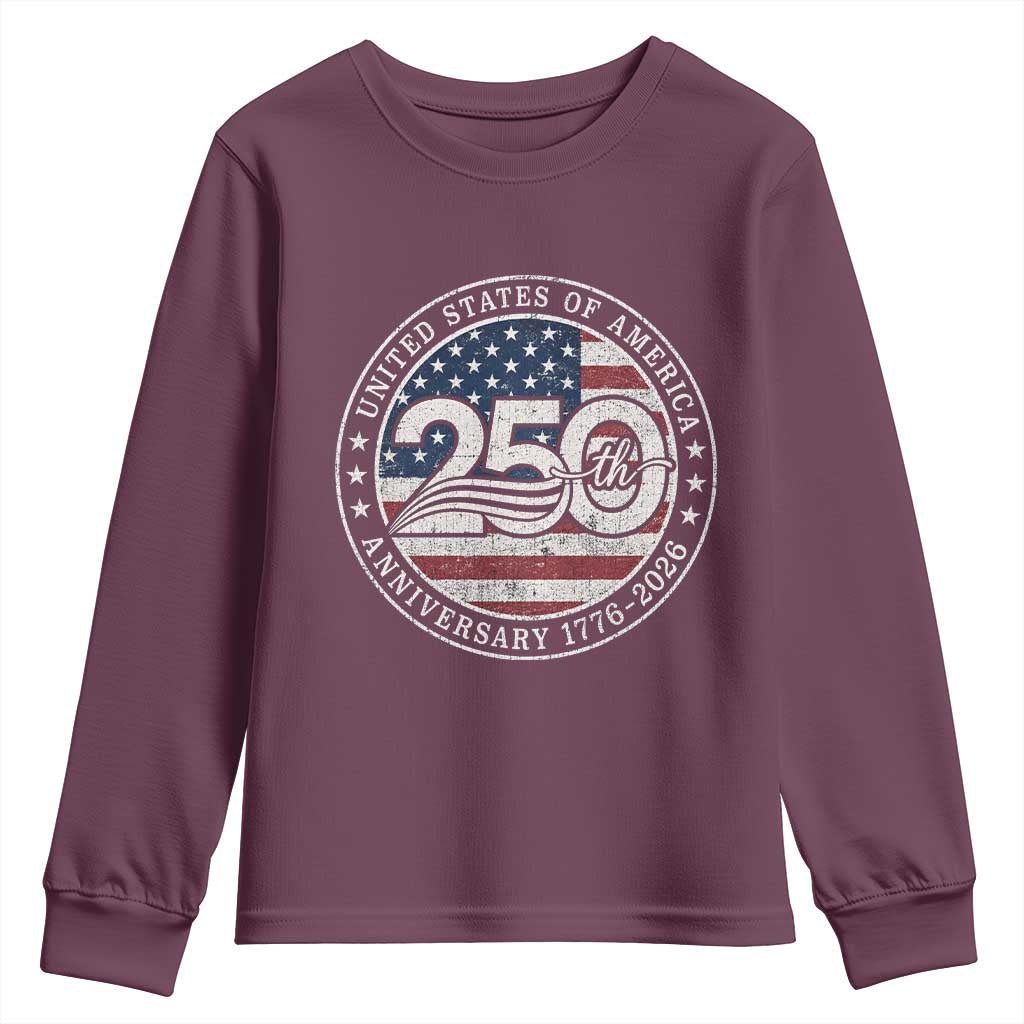 United States of America 250th Anniversary Vintage Seal Youth Sweatshirt Distressed American Flag 1776 to 2026 Semiquincentennial Patriotic