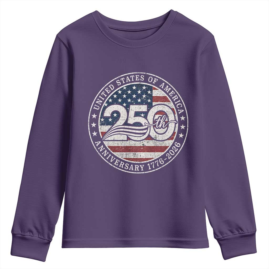 United States of America 250th Anniversary Vintage Seal Youth Sweatshirt Distressed American Flag 1776 to 2026 Semiquincentennial Patriotic