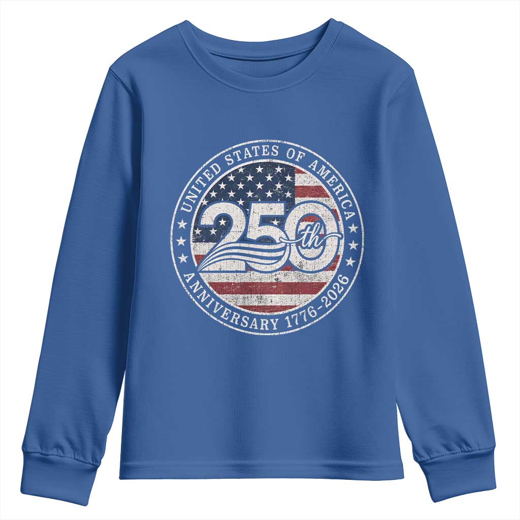 United States of America 250th Anniversary Vintage Seal Youth Sweatshirt Distressed American Flag 1776 to 2026 Semiquincentennial Patriotic