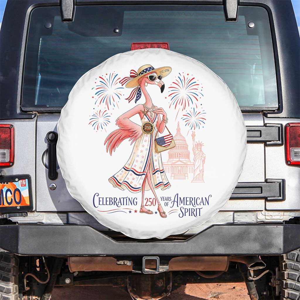 Celebrating 250 Years of American Spirit Flamingo Spare Tire Cover Cute Patriotic Tropical Bird Summer Landmarks Fireworks