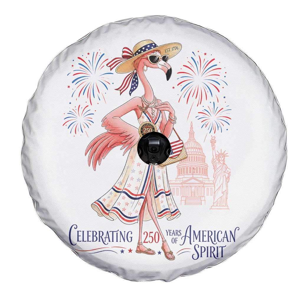 Celebrating 250 Years of American Spirit Flamingo Spare Tire Cover Cute Patriotic Tropical Bird Summer Landmarks Fireworks