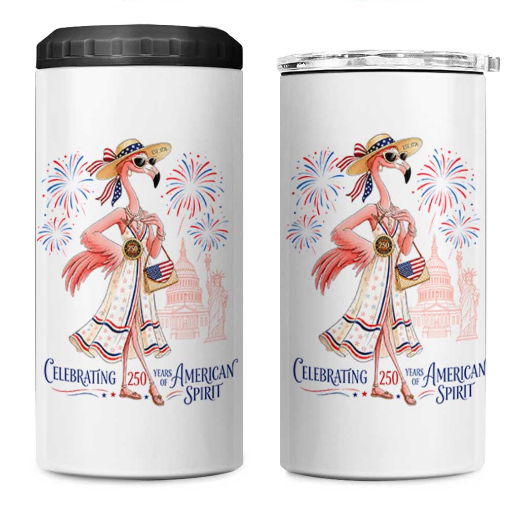 Celebrating 250 Years of American Spirit Flamingo 4 in 1 Can Cooler Tumbler Cute Patriotic Tropical Bird Summer Landmarks Fireworks