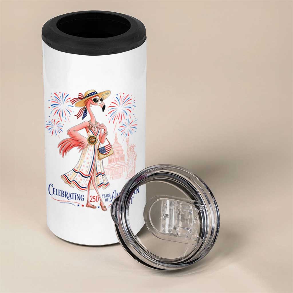 Celebrating 250 Years of American Spirit Flamingo 4 in 1 Can Cooler Tumbler Cute Patriotic Tropical Bird Summer Landmarks Fireworks