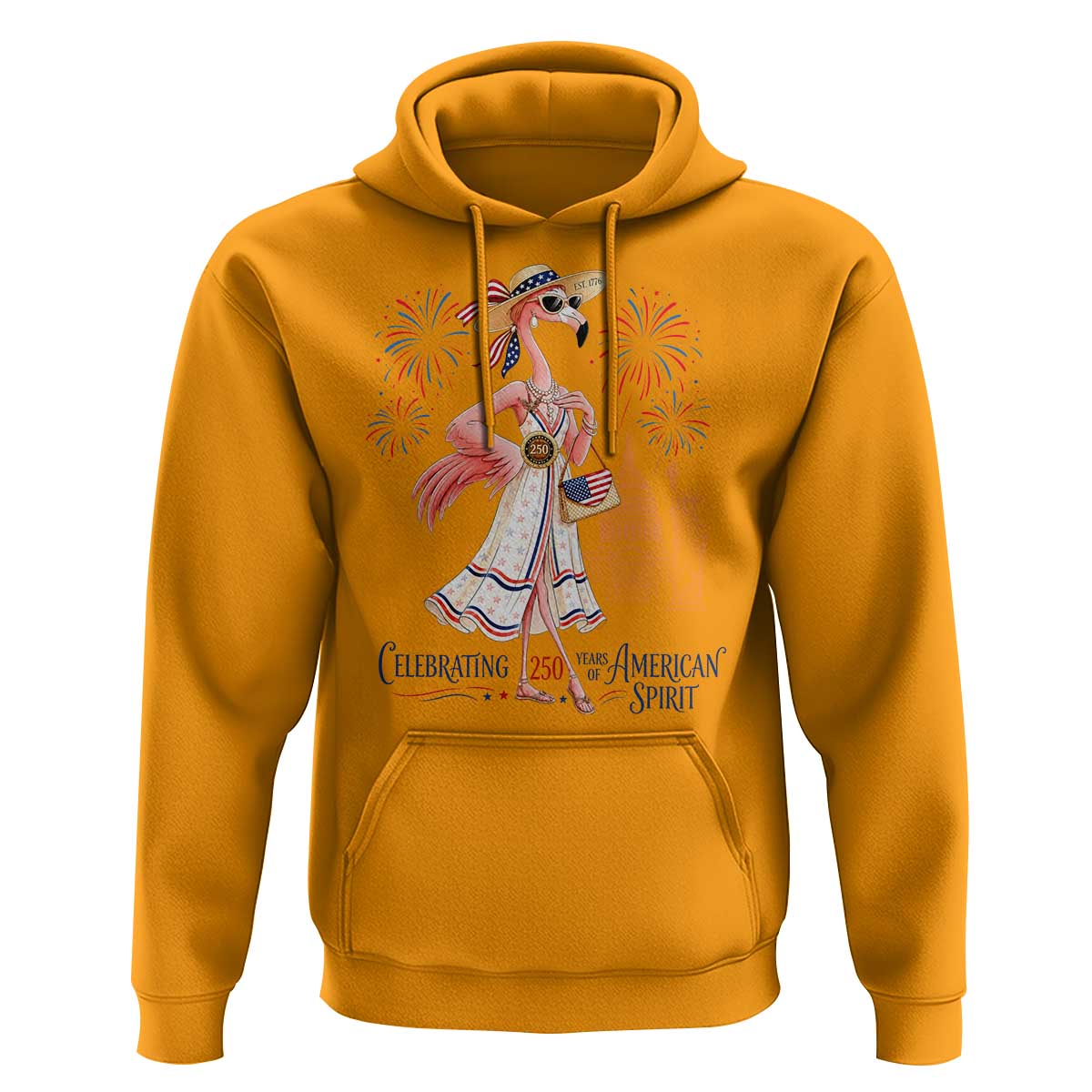 Celebrating 250 Years of American Spirit Flamingo Hoodie Cute Patriotic Tropical Bird Summer Landmarks Fireworks