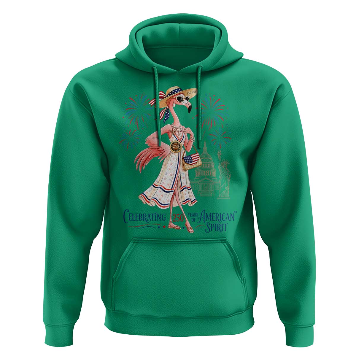 Celebrating 250 Years of American Spirit Flamingo Hoodie Cute Patriotic Tropical Bird Summer Landmarks Fireworks