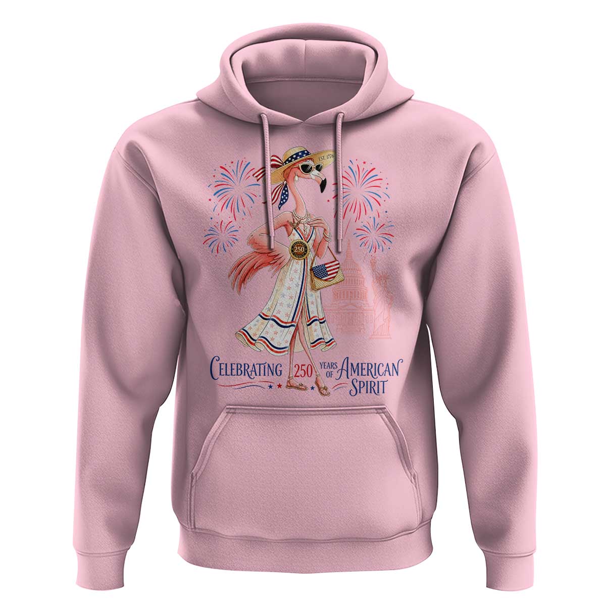 Celebrating 250 Years of American Spirit Flamingo Hoodie Cute Patriotic Tropical Bird Summer Landmarks Fireworks