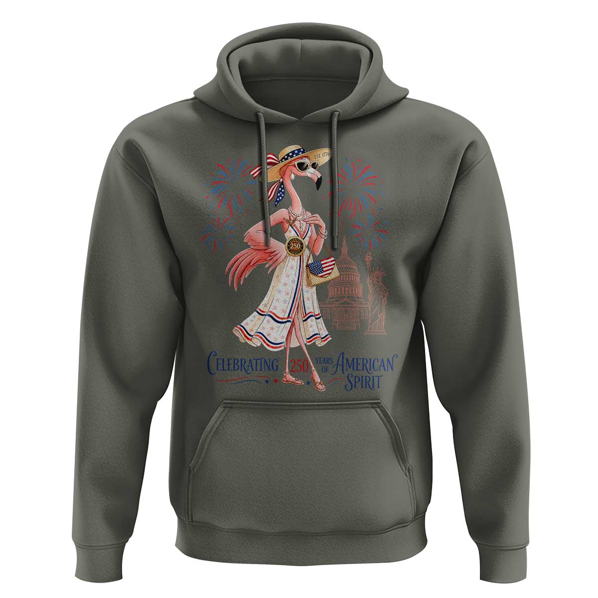 Celebrating 250 Years of American Spirit Flamingo Hoodie Cute Patriotic Tropical Bird Summer Landmarks Fireworks