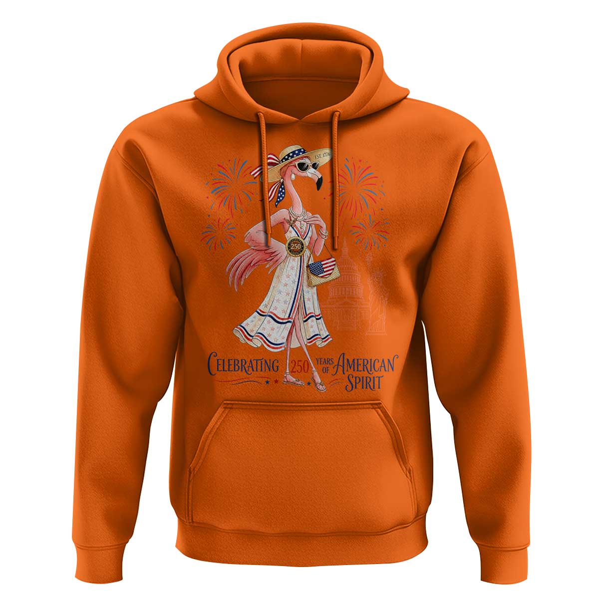 Celebrating 250 Years of American Spirit Flamingo Hoodie Cute Patriotic Tropical Bird Summer Landmarks Fireworks