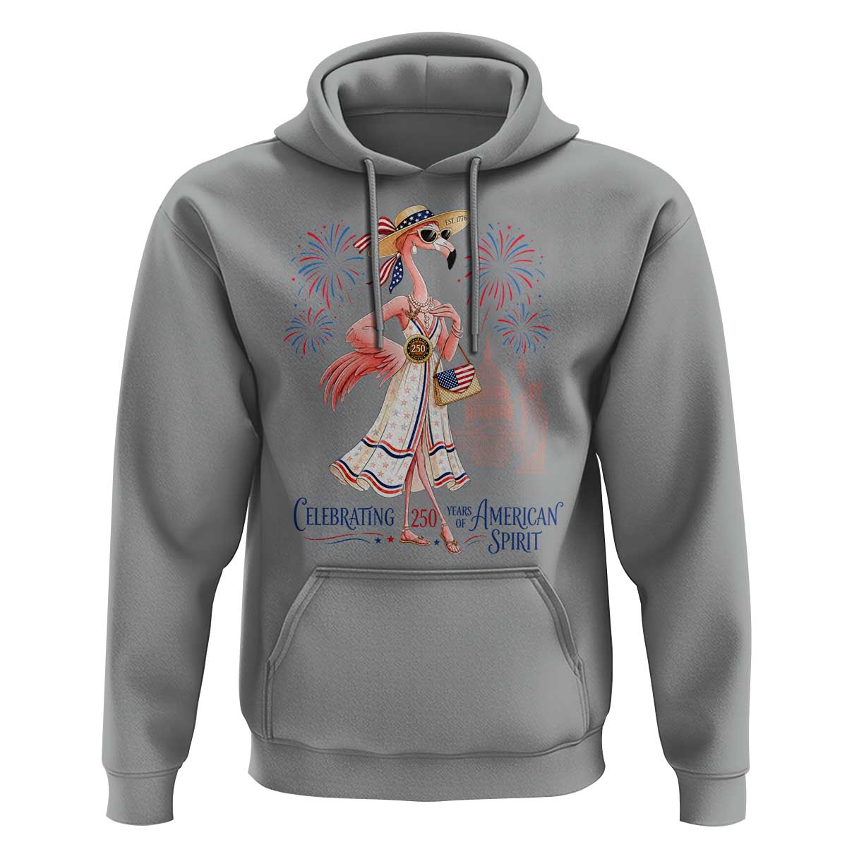 Celebrating 250 Years of American Spirit Flamingo Hoodie Cute Patriotic Tropical Bird Summer Landmarks Fireworks