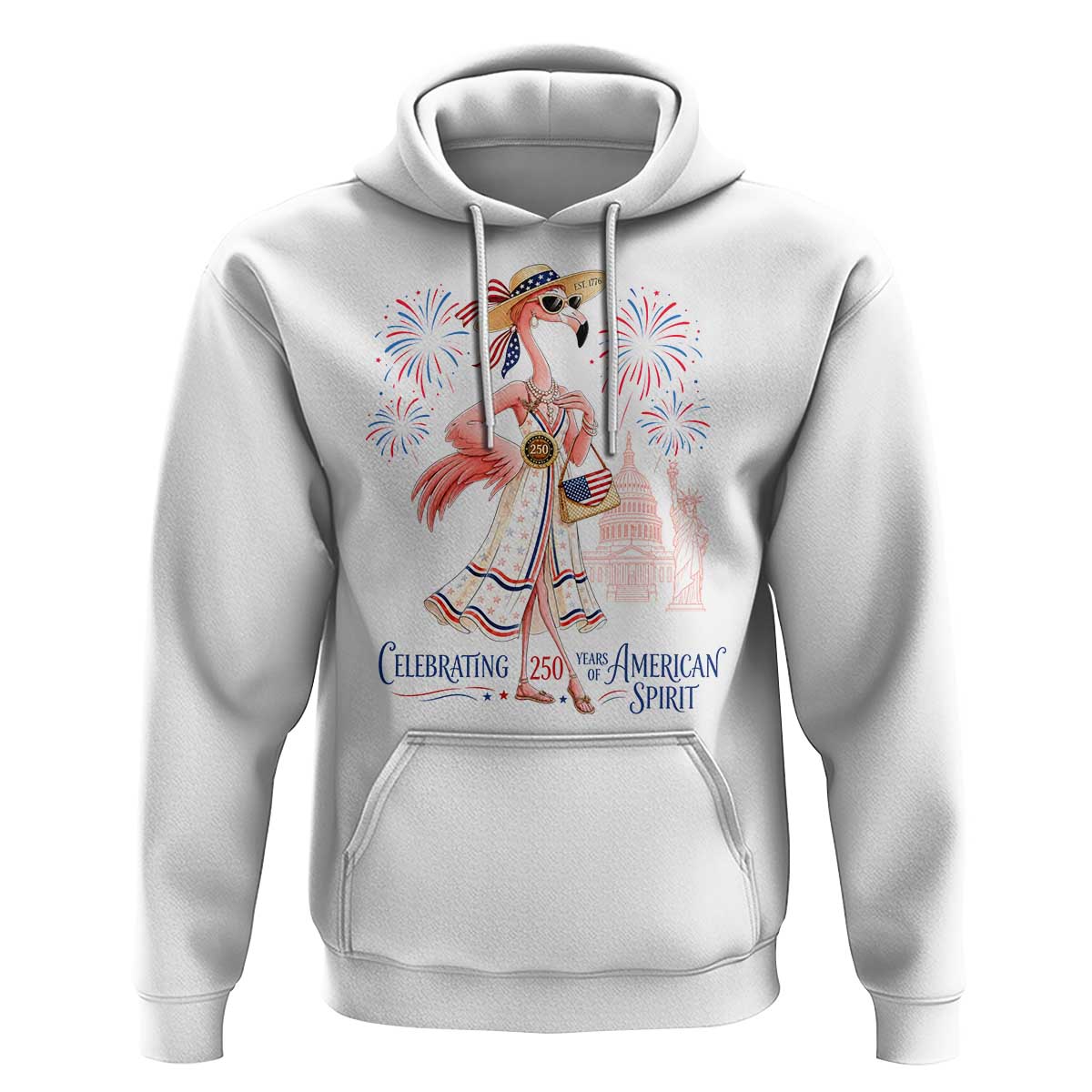 Celebrating 250 Years of American Spirit Flamingo Hoodie Cute Patriotic Tropical Bird Summer Landmarks Fireworks