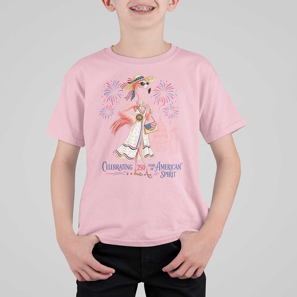 Celebrating 250 Years of American Spirit Flamingo T Shirt For Kid Cute Patriotic Tropical Bird Summer Landmarks Fireworks