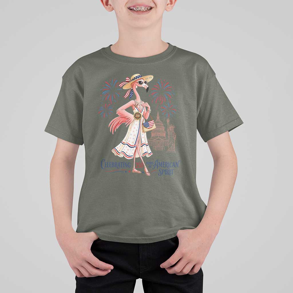 Celebrating 250 Years of American Spirit Flamingo T Shirt For Kid Cute Patriotic Tropical Bird Summer Landmarks Fireworks