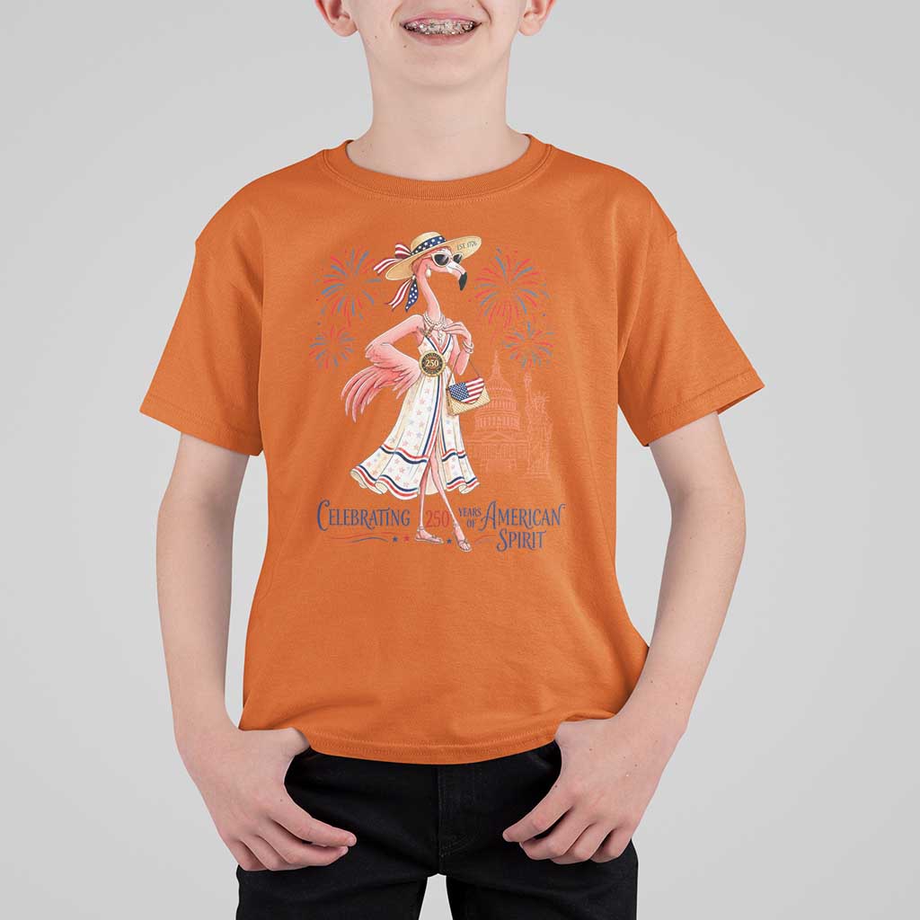Celebrating 250 Years of American Spirit Flamingo T Shirt For Kid Cute Patriotic Tropical Bird Summer Landmarks Fireworks