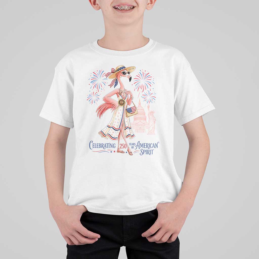 Celebrating 250 Years of American Spirit Flamingo T Shirt For Kid Cute Patriotic Tropical Bird Summer Landmarks Fireworks