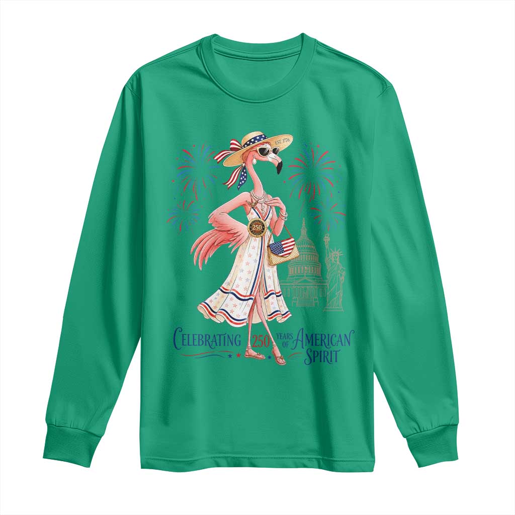 Celebrating 250 Years of American Spirit Flamingo Long Sleeve Shirt Cute Patriotic Tropical Bird Summer Landmarks Fireworks