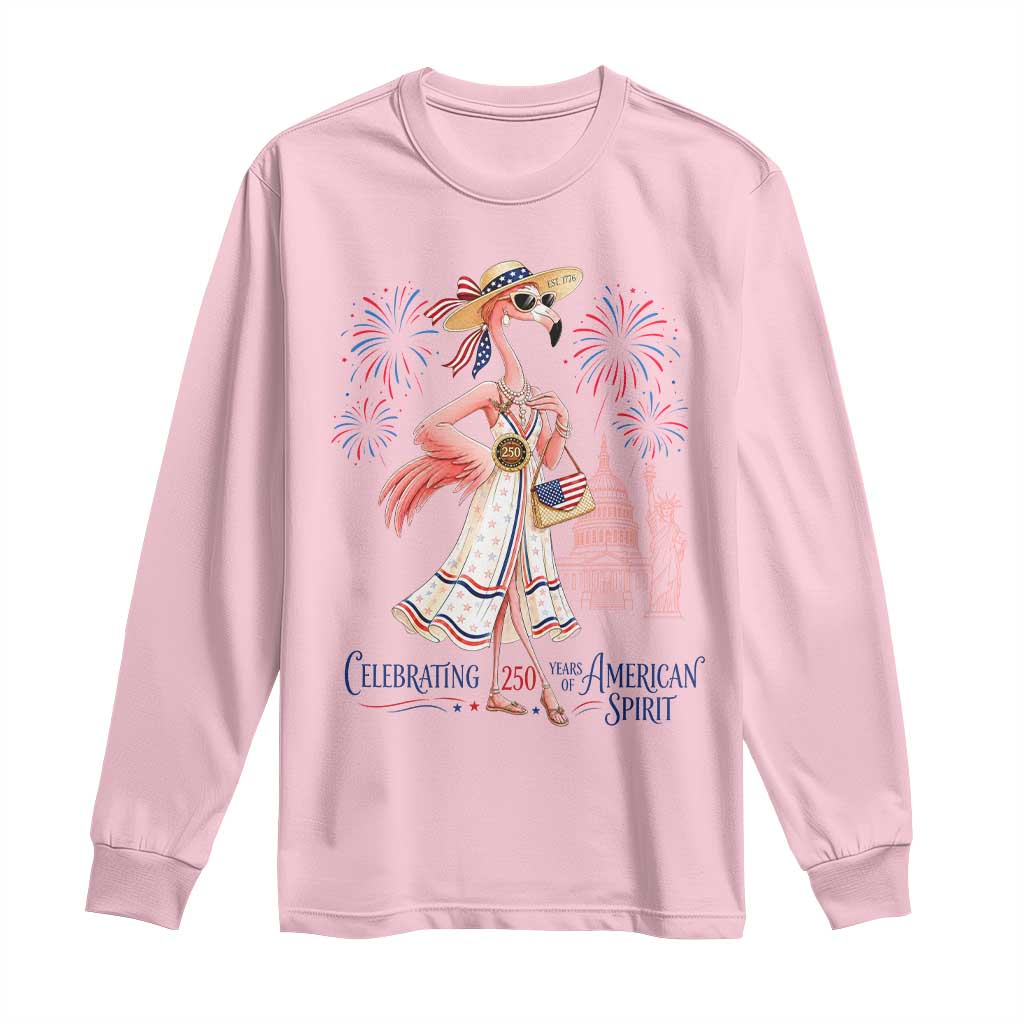 Celebrating 250 Years of American Spirit Flamingo Long Sleeve Shirt Cute Patriotic Tropical Bird Summer Landmarks Fireworks