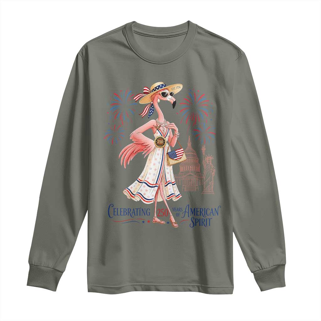 Celebrating 250 Years of American Spirit Flamingo Long Sleeve Shirt Cute Patriotic Tropical Bird Summer Landmarks Fireworks