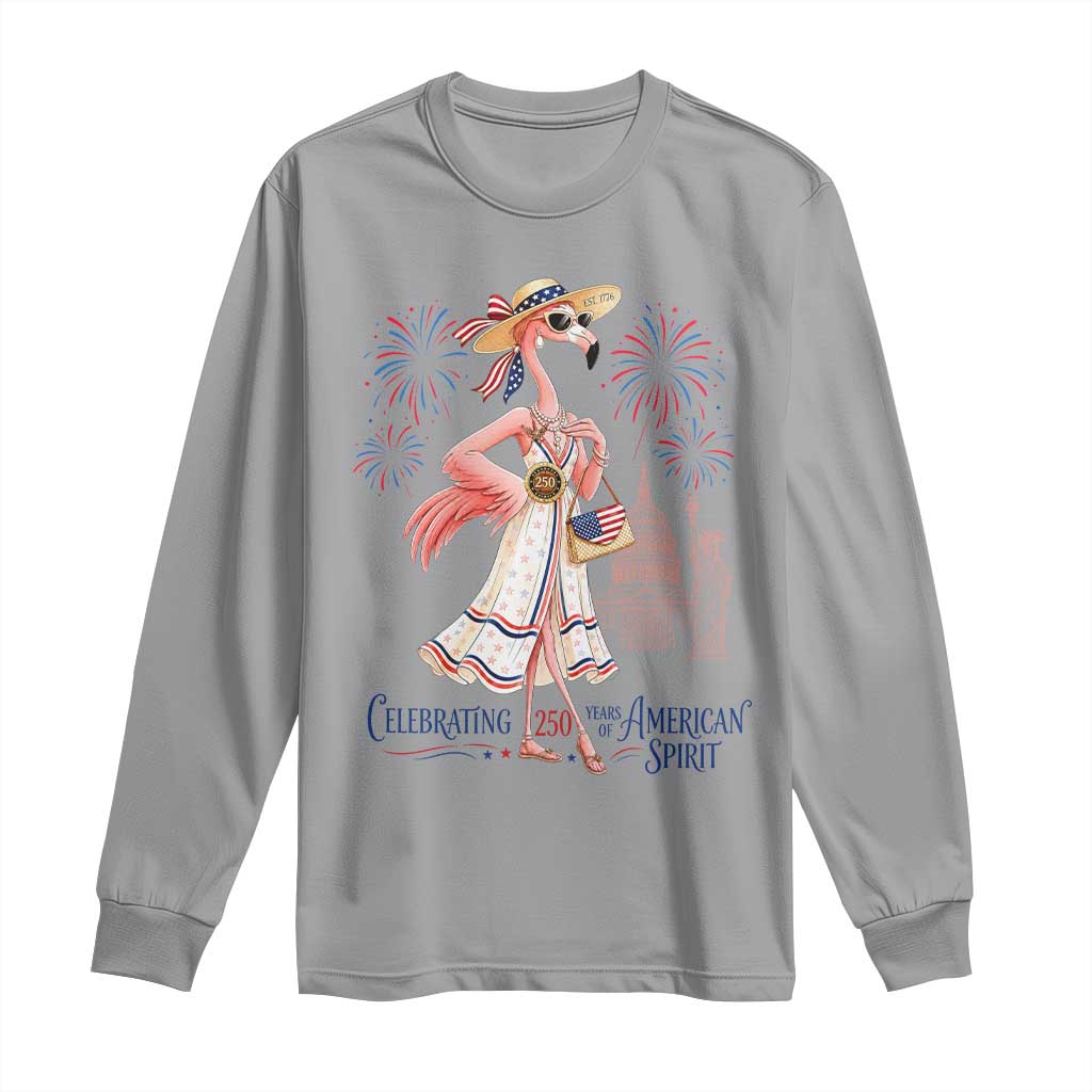 Celebrating 250 Years of American Spirit Flamingo Long Sleeve Shirt Cute Patriotic Tropical Bird Summer Landmarks Fireworks