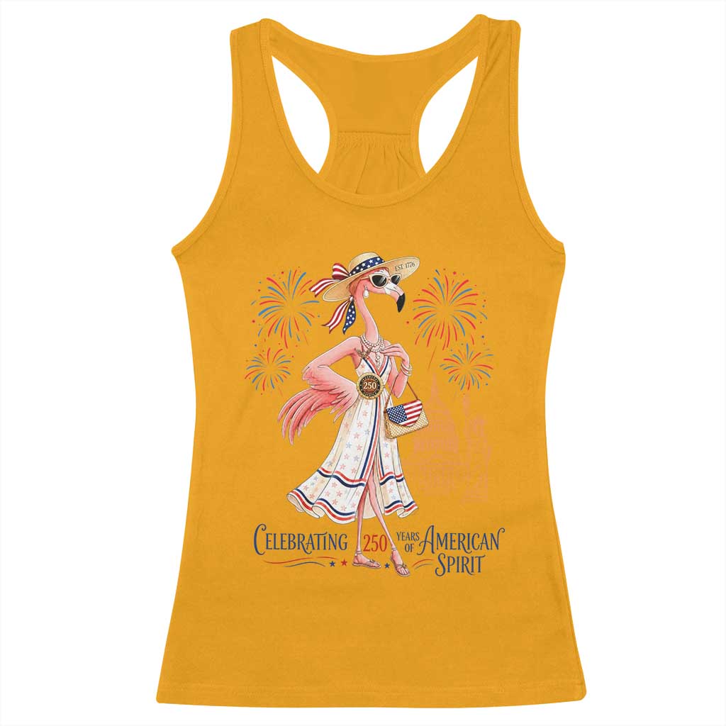 Celebrating 250 Years of American Spirit Flamingo Racerback Tank Top Cute Patriotic Tropical Bird Summer Landmarks Fireworks