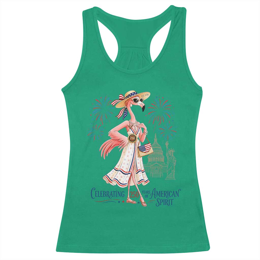 Celebrating 250 Years of American Spirit Flamingo Racerback Tank Top Cute Patriotic Tropical Bird Summer Landmarks Fireworks