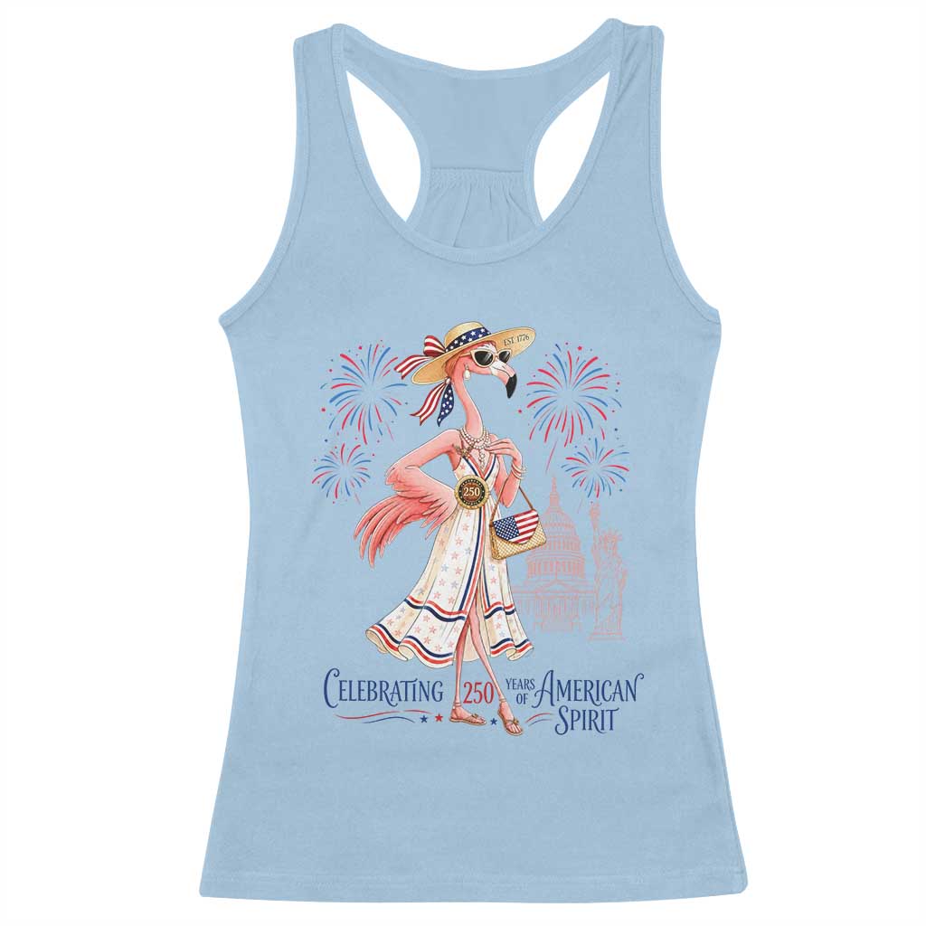 Celebrating 250 Years of American Spirit Flamingo Racerback Tank Top Cute Patriotic Tropical Bird Summer Landmarks Fireworks