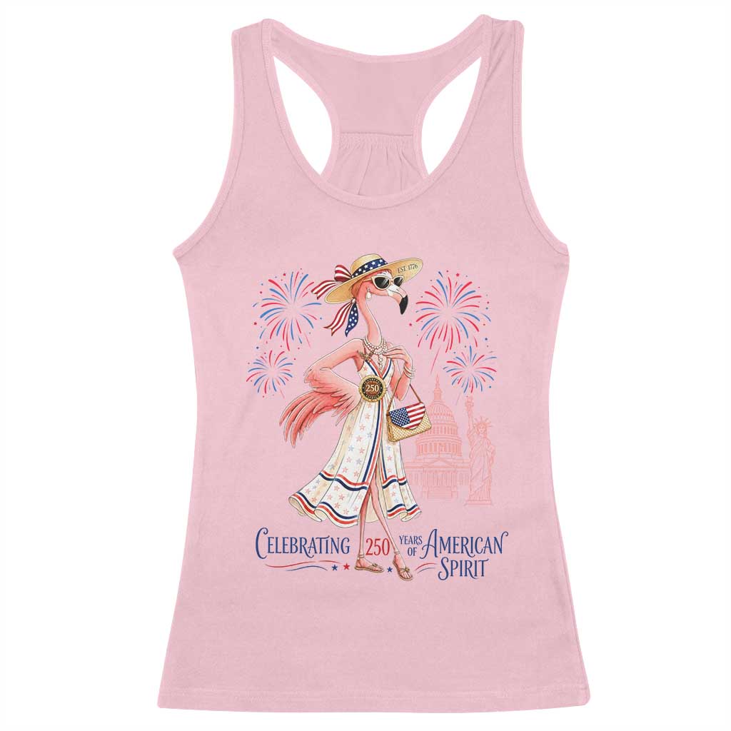 Celebrating 250 Years of American Spirit Flamingo Racerback Tank Top Cute Patriotic Tropical Bird Summer Landmarks Fireworks