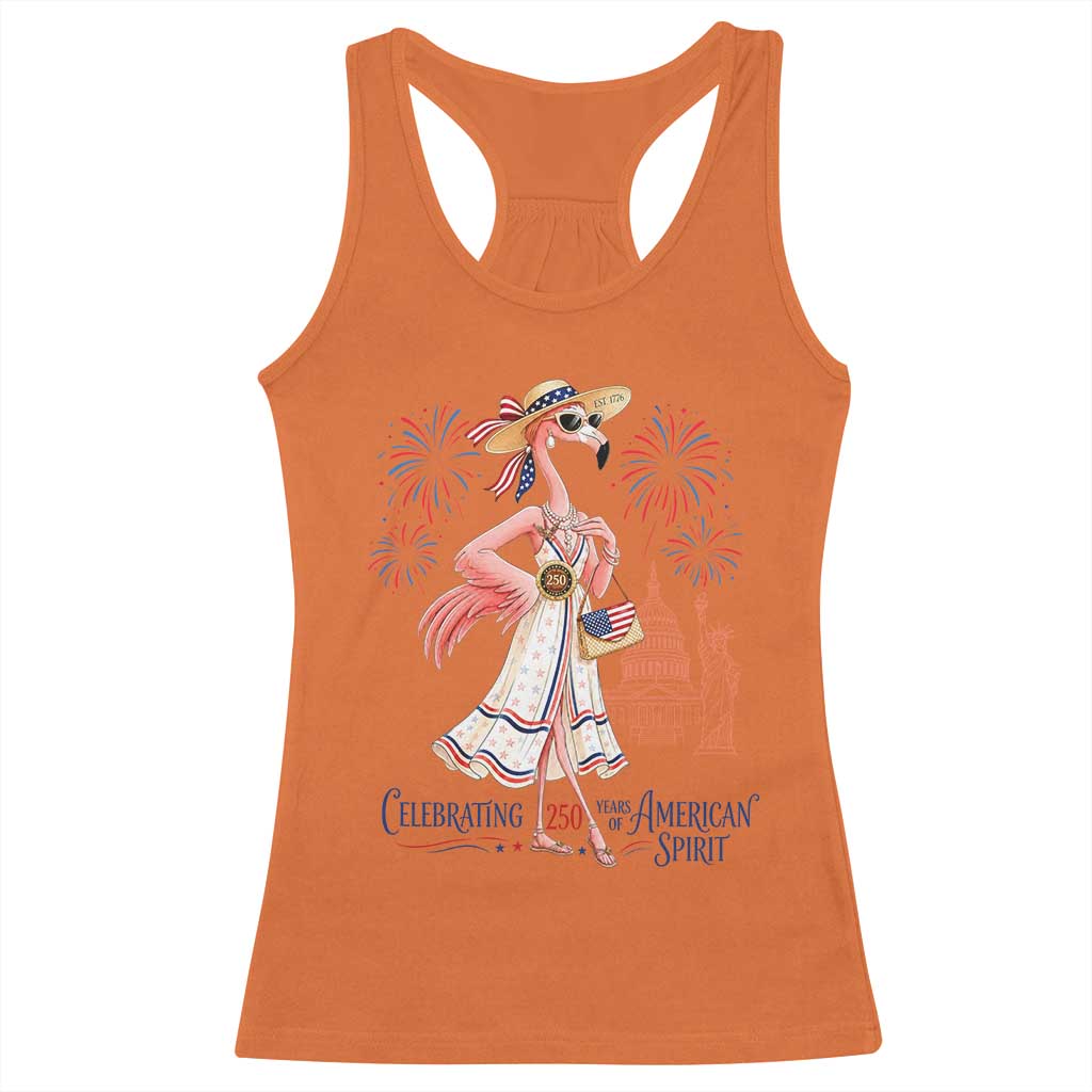 Celebrating 250 Years of American Spirit Flamingo Racerback Tank Top Cute Patriotic Tropical Bird Summer Landmarks Fireworks