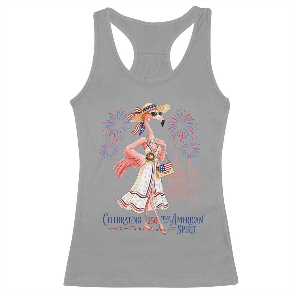 Celebrating 250 Years of American Spirit Flamingo Racerback Tank Top Cute Patriotic Tropical Bird Summer Landmarks Fireworks