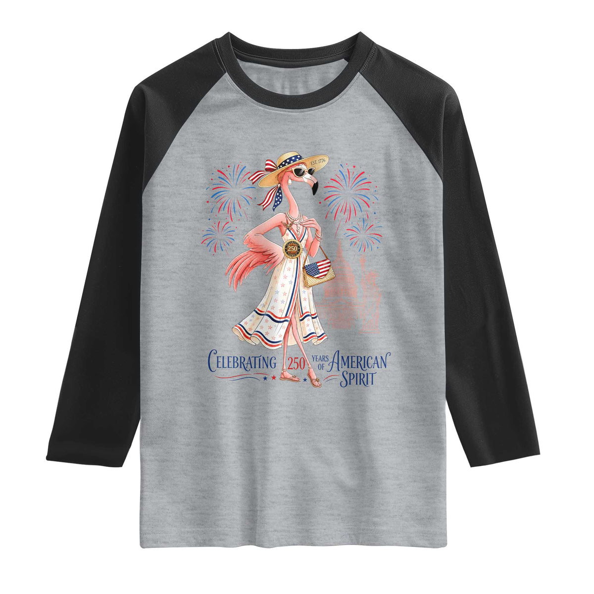 Celebrating 250 Years of American Spirit Flamingo Raglan Shirt Cute Patriotic Tropical Bird Summer Landmarks Fireworks