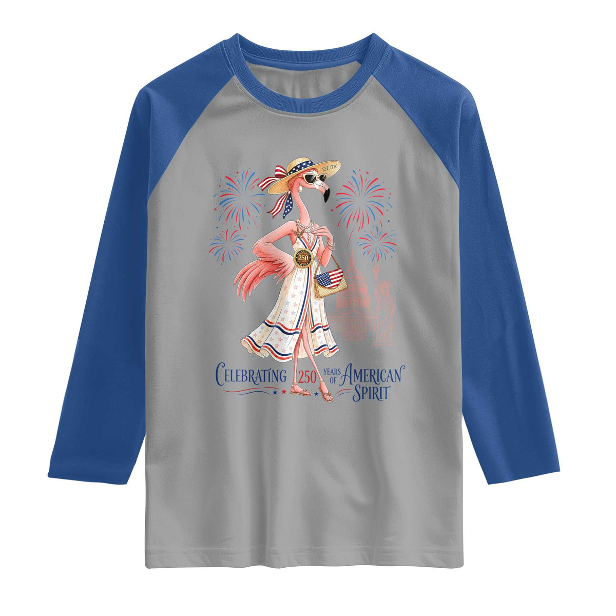 Celebrating 250 Years of American Spirit Flamingo Raglan Shirt Cute Patriotic Tropical Bird Summer Landmarks Fireworks