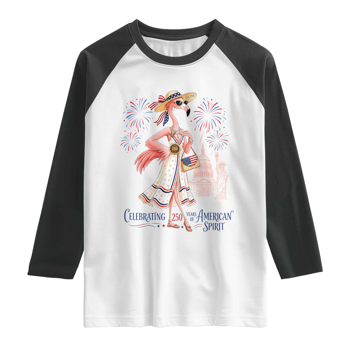 Celebrating 250 Years of American Spirit Flamingo Raglan Shirt Cute Patriotic Tropical Bird Summer Landmarks Fireworks