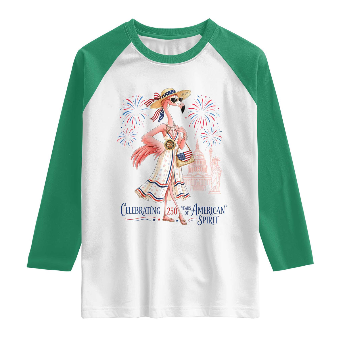 Celebrating 250 Years of American Spirit Flamingo Raglan Shirt Cute Patriotic Tropical Bird Summer Landmarks Fireworks