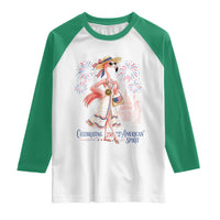 Celebrating 250 Years of American Spirit Flamingo Raglan Shirt Cute Patriotic Tropical Bird Summer Landmarks Fireworks