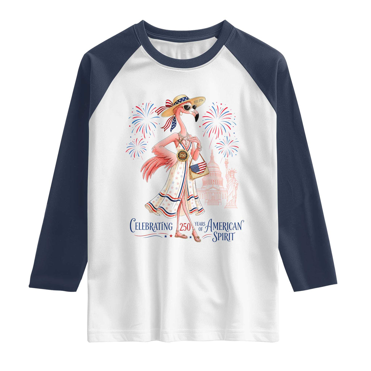 Celebrating 250 Years of American Spirit Flamingo Raglan Shirt Cute Patriotic Tropical Bird Summer Landmarks Fireworks