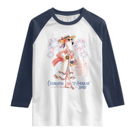 Celebrating 250 Years of American Spirit Flamingo Raglan Shirt Cute Patriotic Tropical Bird Summer Landmarks Fireworks