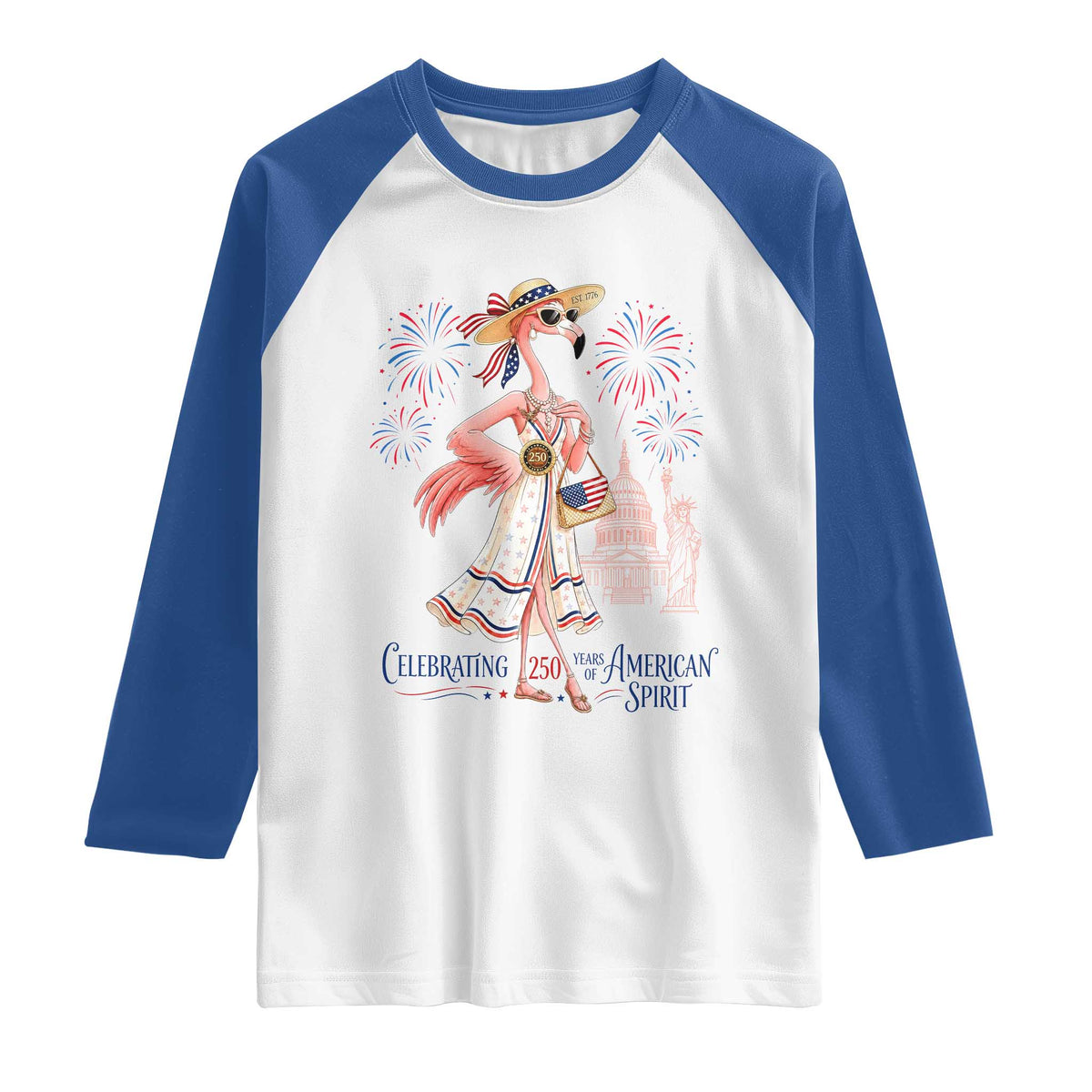 Celebrating 250 Years of American Spirit Flamingo Raglan Shirt Cute Patriotic Tropical Bird Summer Landmarks Fireworks